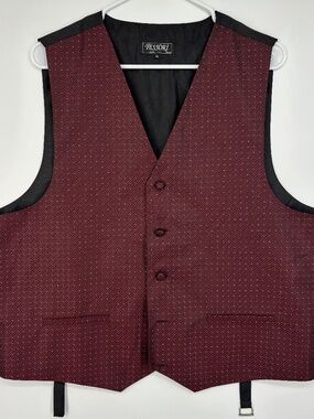 Tessori Mens XL Button Front Suit Vest Red Silver Black Stripe Formal Designer